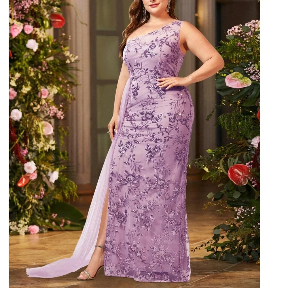 Plus Purple Floral Sequin One Shoulder Split Thigh Party Wedding Dress - Picture 5 of 5
